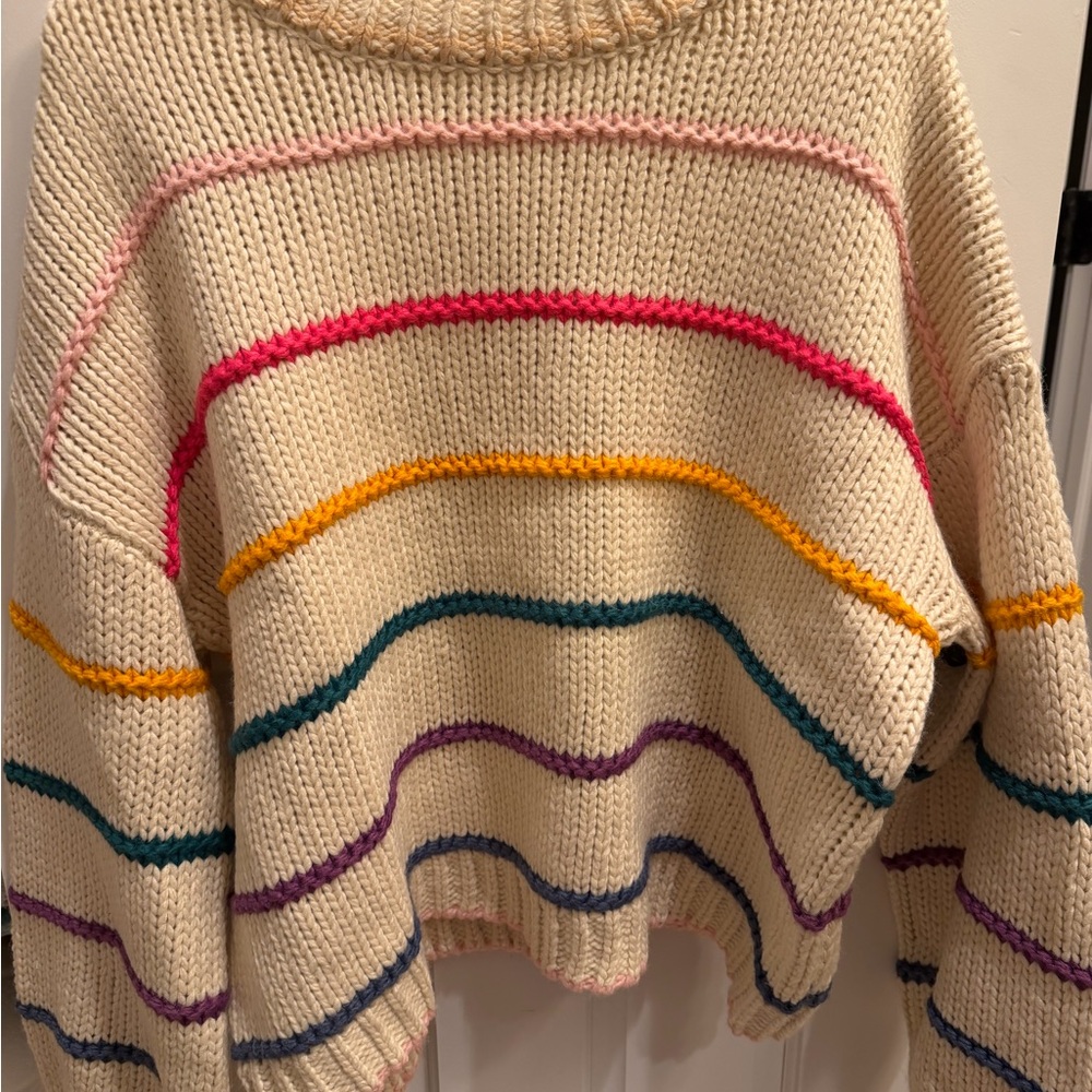 Dreamers Cream Crewneck Sweater with Multicolor Stripes